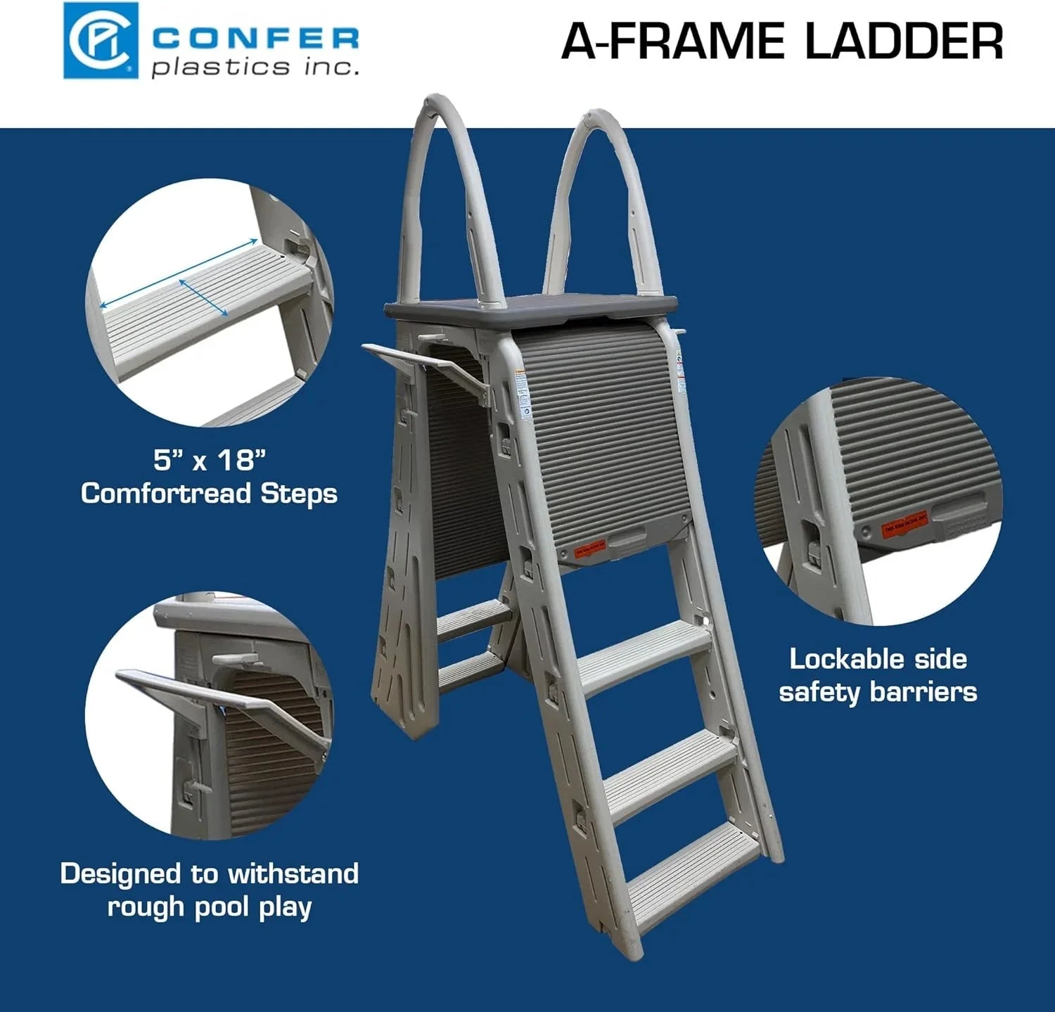 Confer Plastics 7200 Roll Guard 48 to 56 Adjustable A Frame Safety Ladder for Above Ground Outdoor Patio Swimming Pool Platform Ladder with Step Barrier, Warm Grey…