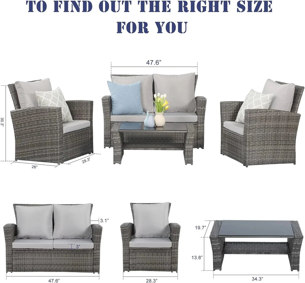 Wisteria Lane 4 Piece Outdoor Patio Furniture Sets, Wicker Conversation Set for Porch Deck, Grey Rattan Sofa Chair with Cushion Blue