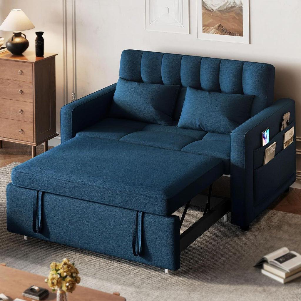 DWVO 3-in-1 Convertible Sofa Bed, 55 Sleeper Sofa with Pull-Out Bed, Cat-Scratch-Proof Fabric Futon Couch with Adjustable Backrest and Side Pocket, Loveseat for Living Room Apartment, Grey