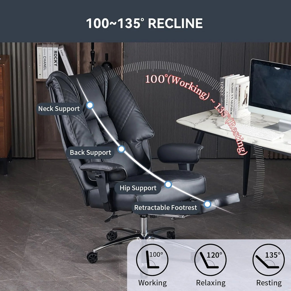 Large Tall Office Chair 400 lbs Wide Seat, Leather High Back Executive Office Chair with Footrest, Ergonomic Office Chair Lumbar Support to Relieve Lower Back Pain (Beige)