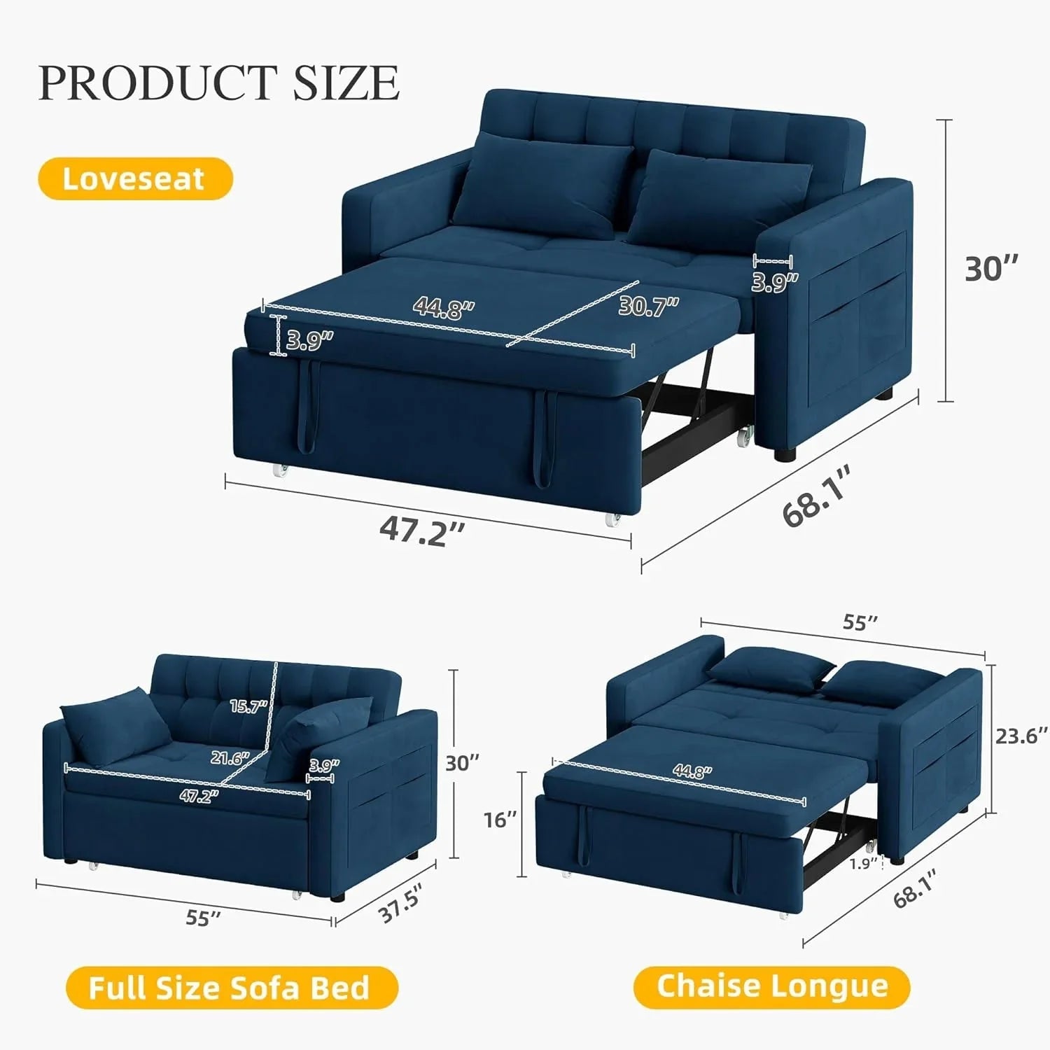 DWVO 3-in-1 Convertible Sofa Bed, 55 Sleeper Sofa with Pull-Out Bed, Cat-Scratch-Proof Fabric Futon Couch with Adjustable Backrest and Side Pocket, Loveseat for Living Room Apartment, Grey