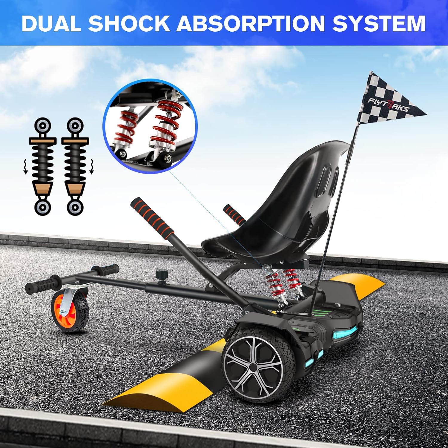 Hoverboard Go Kart with Rear Shock Absorption, Hoverboard Seat Attachment Accessory for 6 to 10 Hoverboard, Adjustable Frame Length & Off-Road Rubber Wheel (Not Including Hoverboard