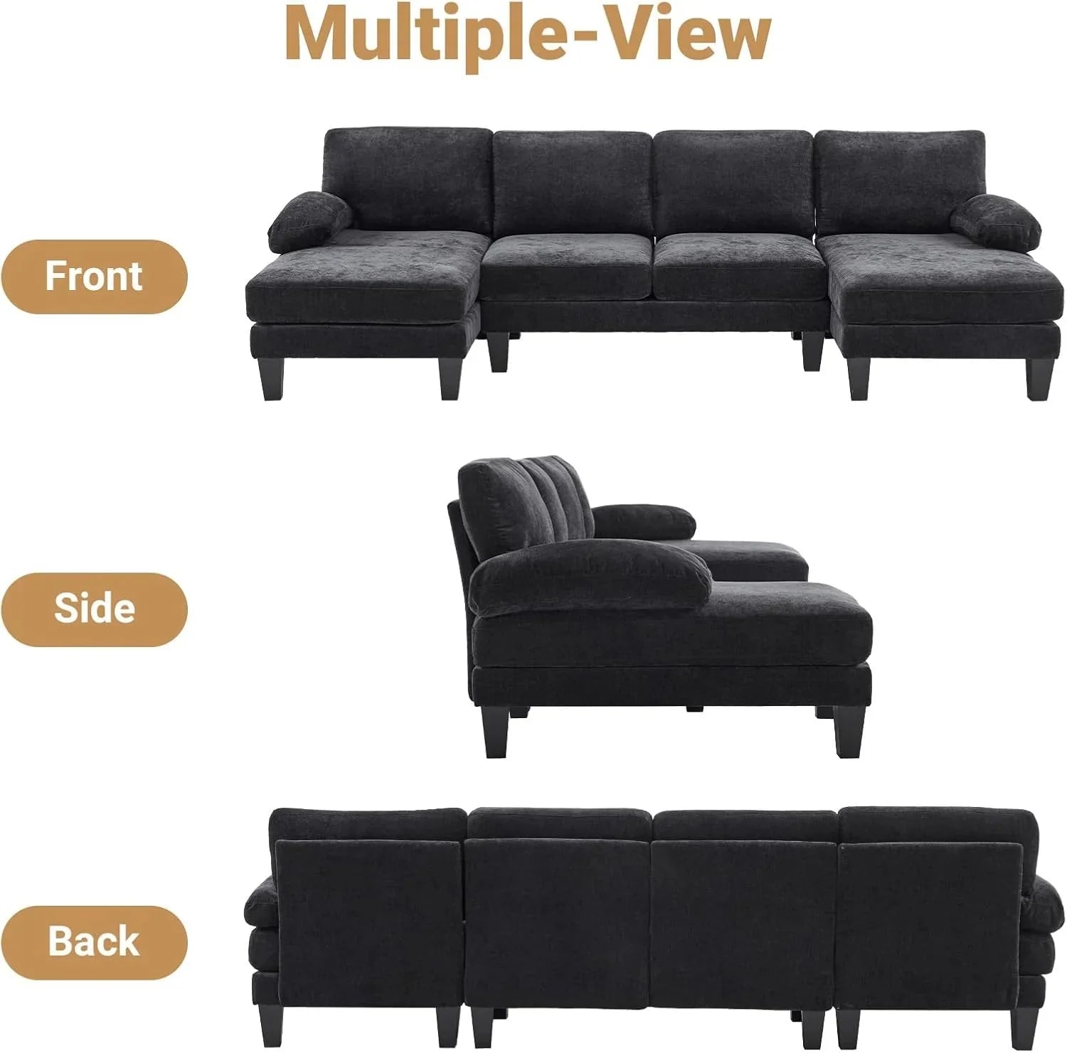 VINGLI 110 Sectional Couches for Living Room,U Shaped Couch with Double Chaise, 4-Seat Sofa Set with Chenille Fabric for Home Furniture,Beige