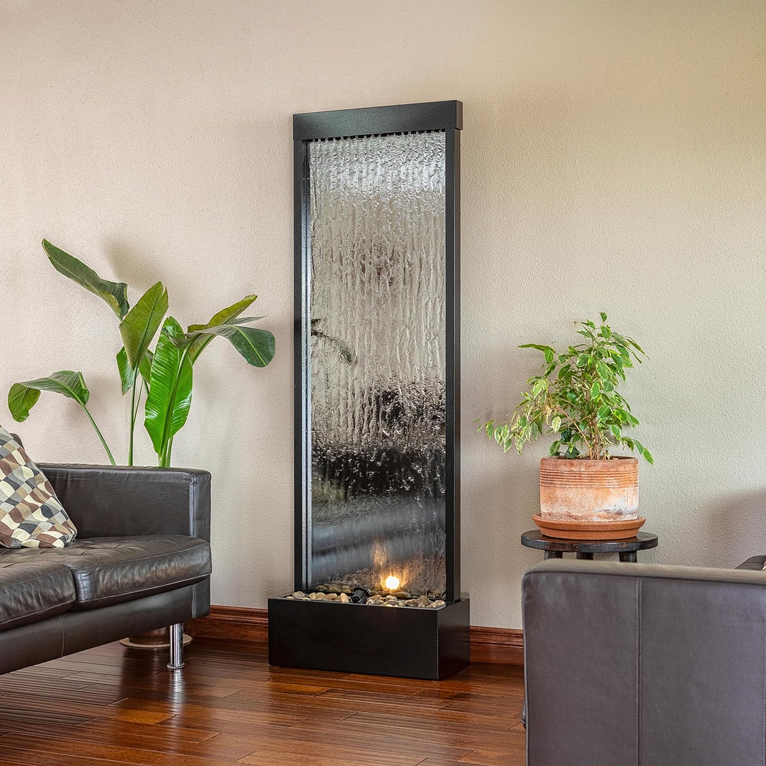 Alpine Mirror Waterfall Fountain with Stones & Lights, 72, Indoor/Outdoor Zen Decor