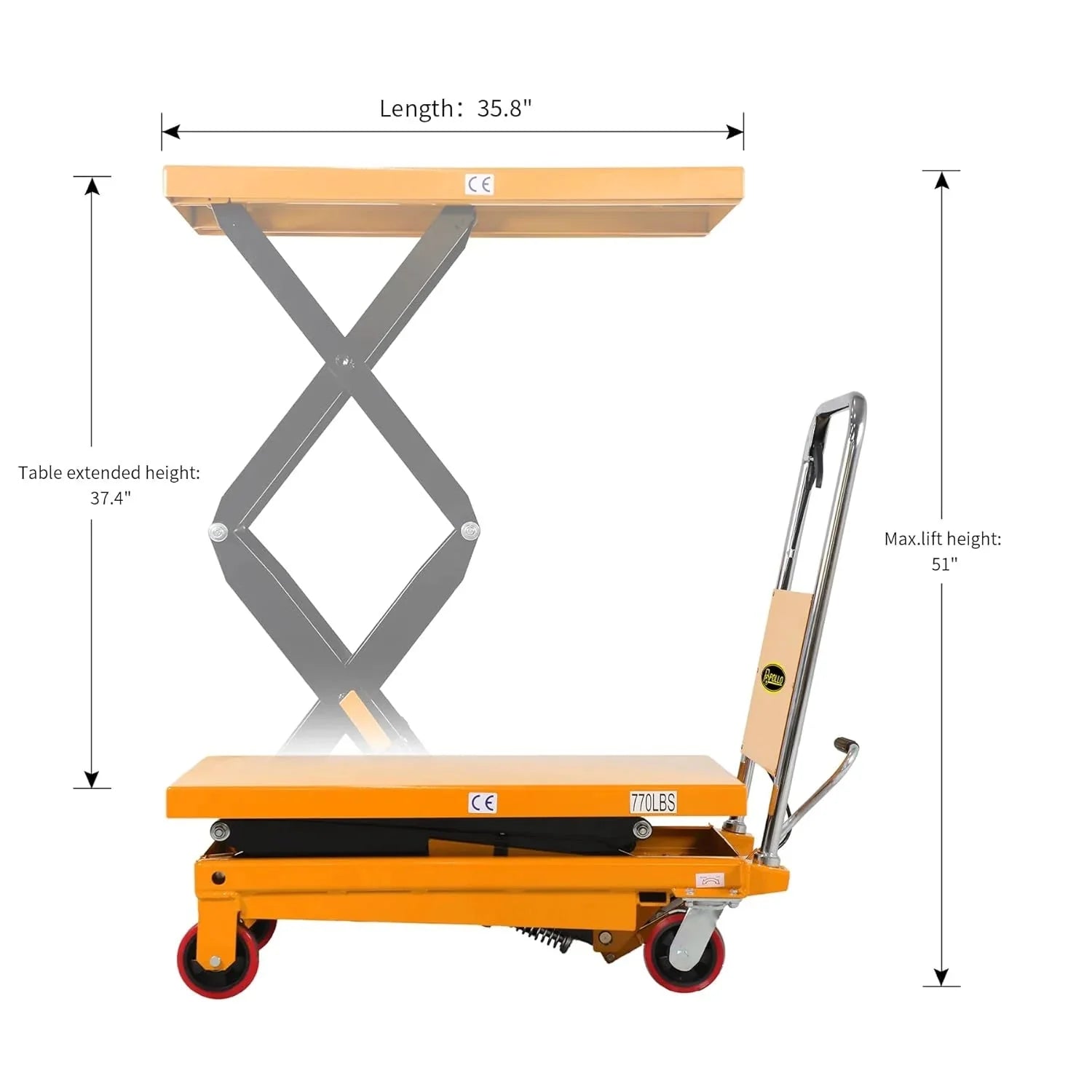 APOLLOLIFT Hydraulic Lift Table Cart – 770 lbs Capacity, 51 Max Height, Double Scissor Lift with Safety Guard & 4 Wheels