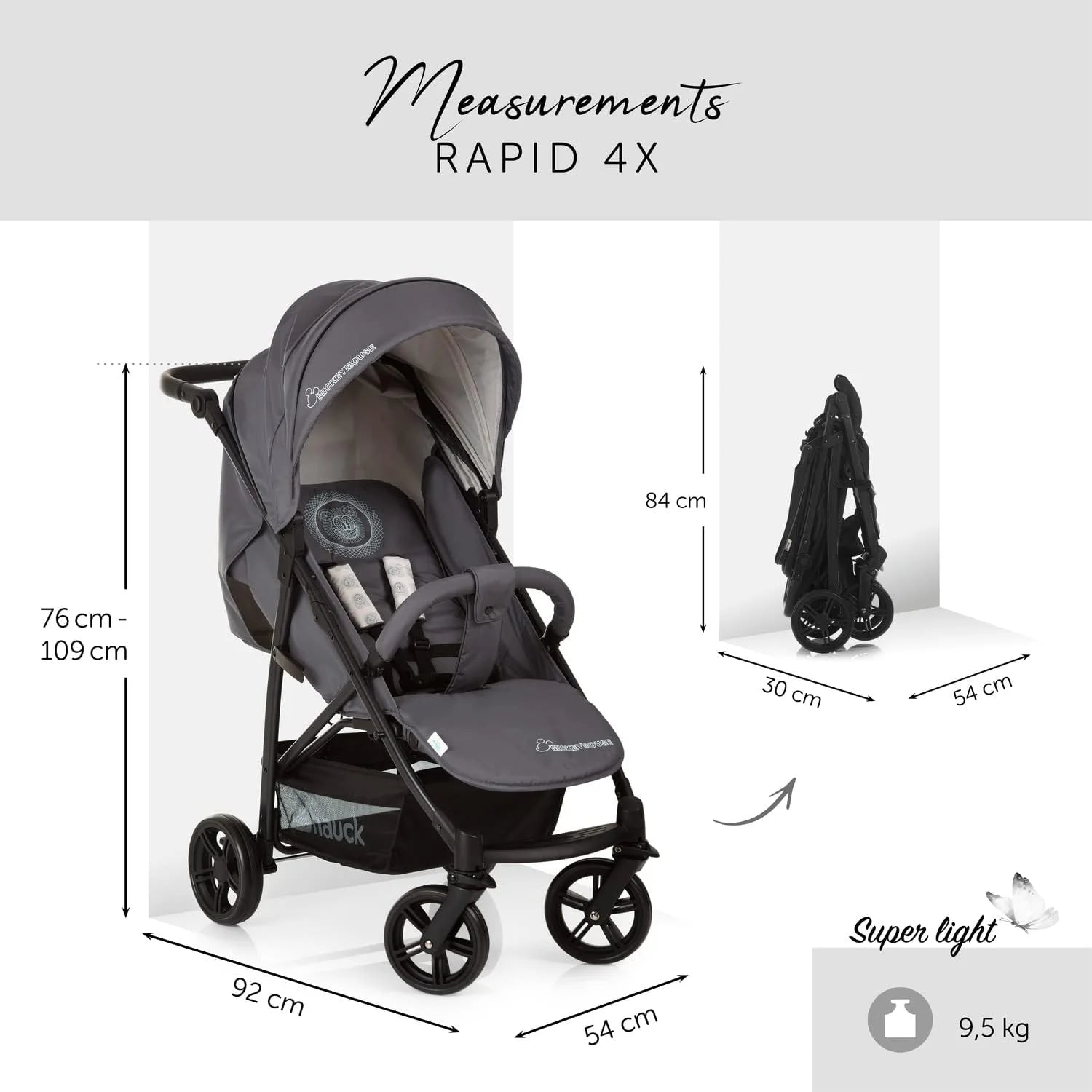 4X Carrito Bebe, desde el Nacimiento hasta 25 kg, Silla de Paseo Ligera, Silla Bebe, Reclinable, Plegable, Compacta, Mickey Mouse Gris