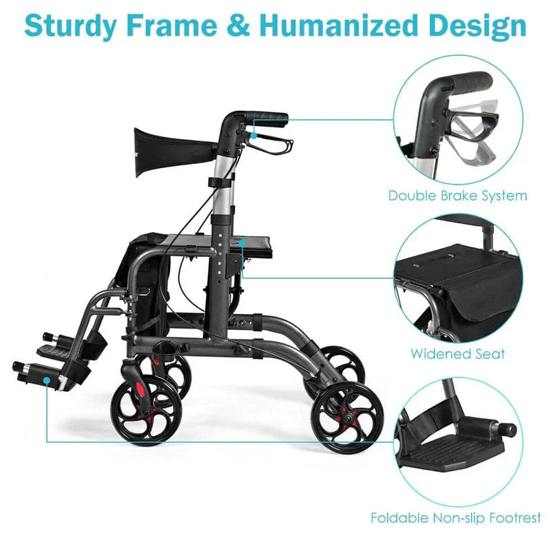 2 In 1 Rollator Walker Wheelchair Folding Medical Walker Aluminum Transport Chair Mobility Walking Aid - Comfortable And Ergonomic Design