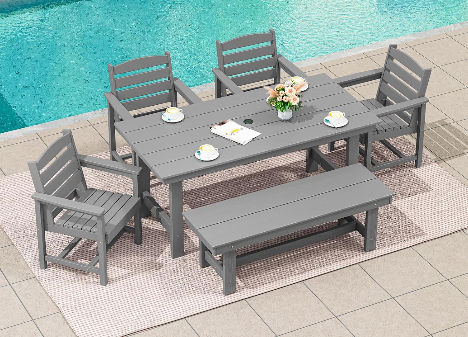 SERWALL 7-Piece Patio Table Set, Outdoor HDPE Dining Furniture with Umbrella Hole, All Weather Table and Chairs for Lawn, Garden, Poolside, Aruba