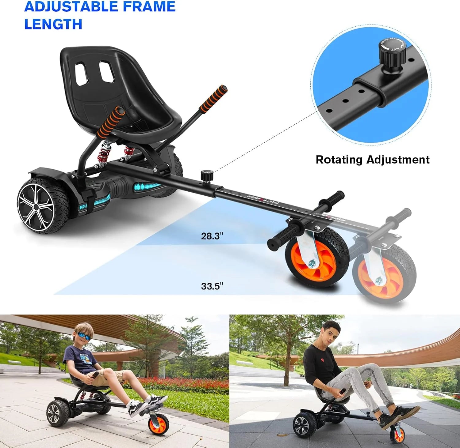Hoverboard Go Kart with Rear Shock Absorption, Hoverboard Seat Attachment Accessory for 6 to 10 Hoverboard, Adjustable Frame Length & Off-Road Rubber Wheel (Not Including Hoverboard