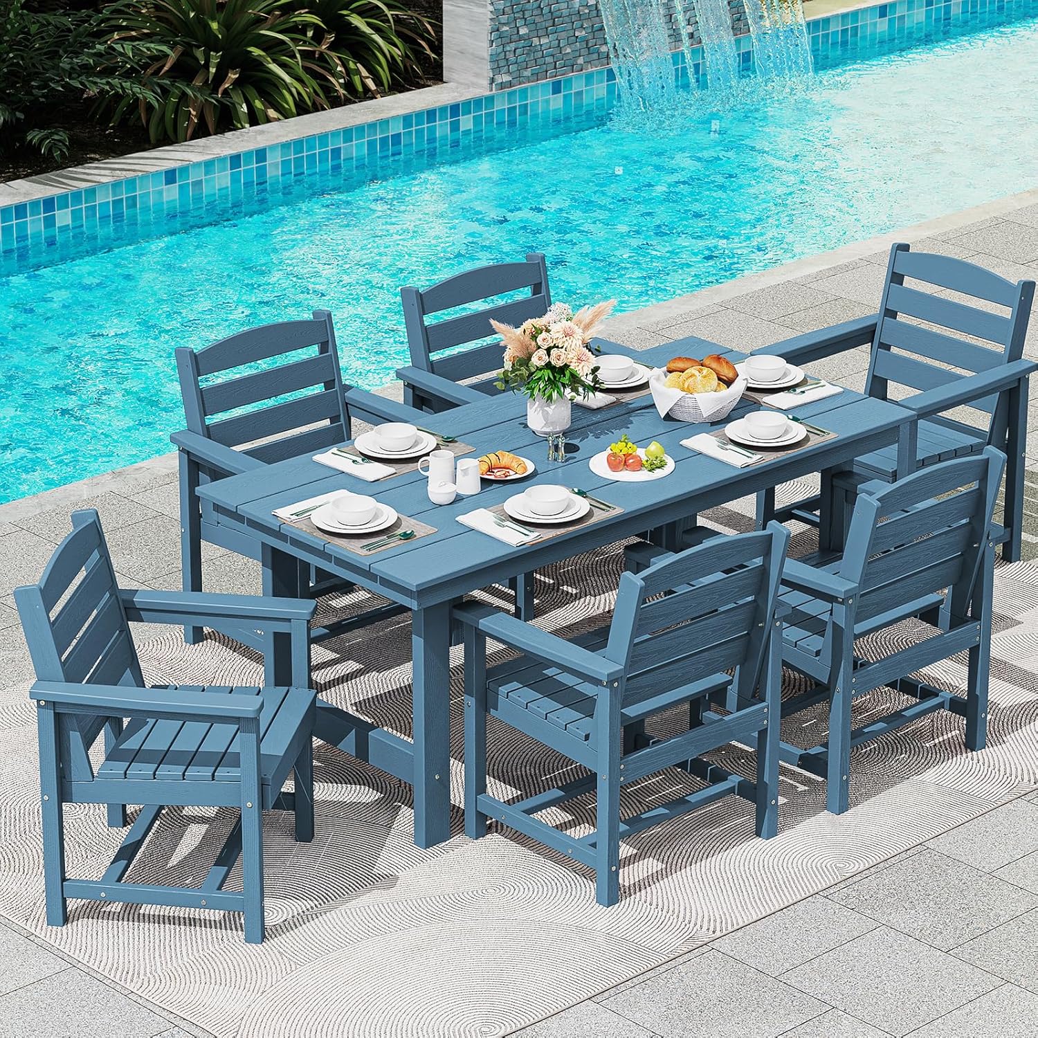 SERWALL 7-Piece Patio Table Set, Outdoor HDPE Dining Furniture with Umbrella Hole, All Weather Table and Chairs for Lawn, Garden, Poolside, Aruba