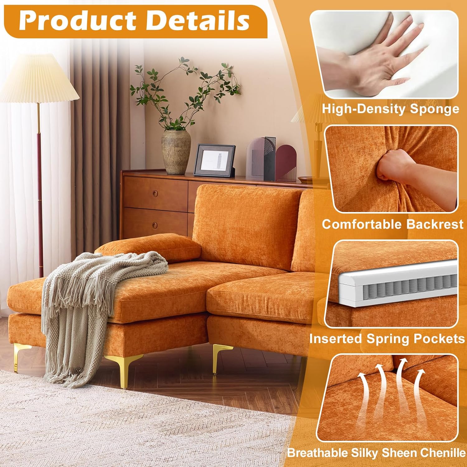 VINGLI 110 Sectional Couches for Living Room,U Shaped Couch with Double Chaise, 4-Seat Sofa Set with Chenille Fabric for Home Furniture,Beige