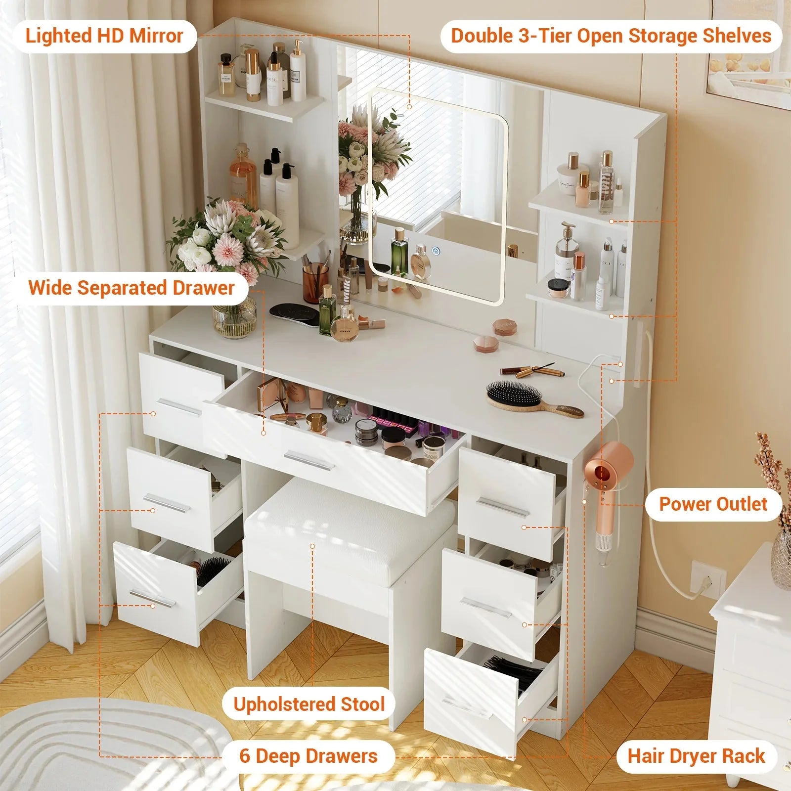Garvee 43.3'' Vanity Desk Stool Set, Modern Makeup Table with Lighted Mirror, Power Outlet, 7 Drawers, 4 Open Shelves, White