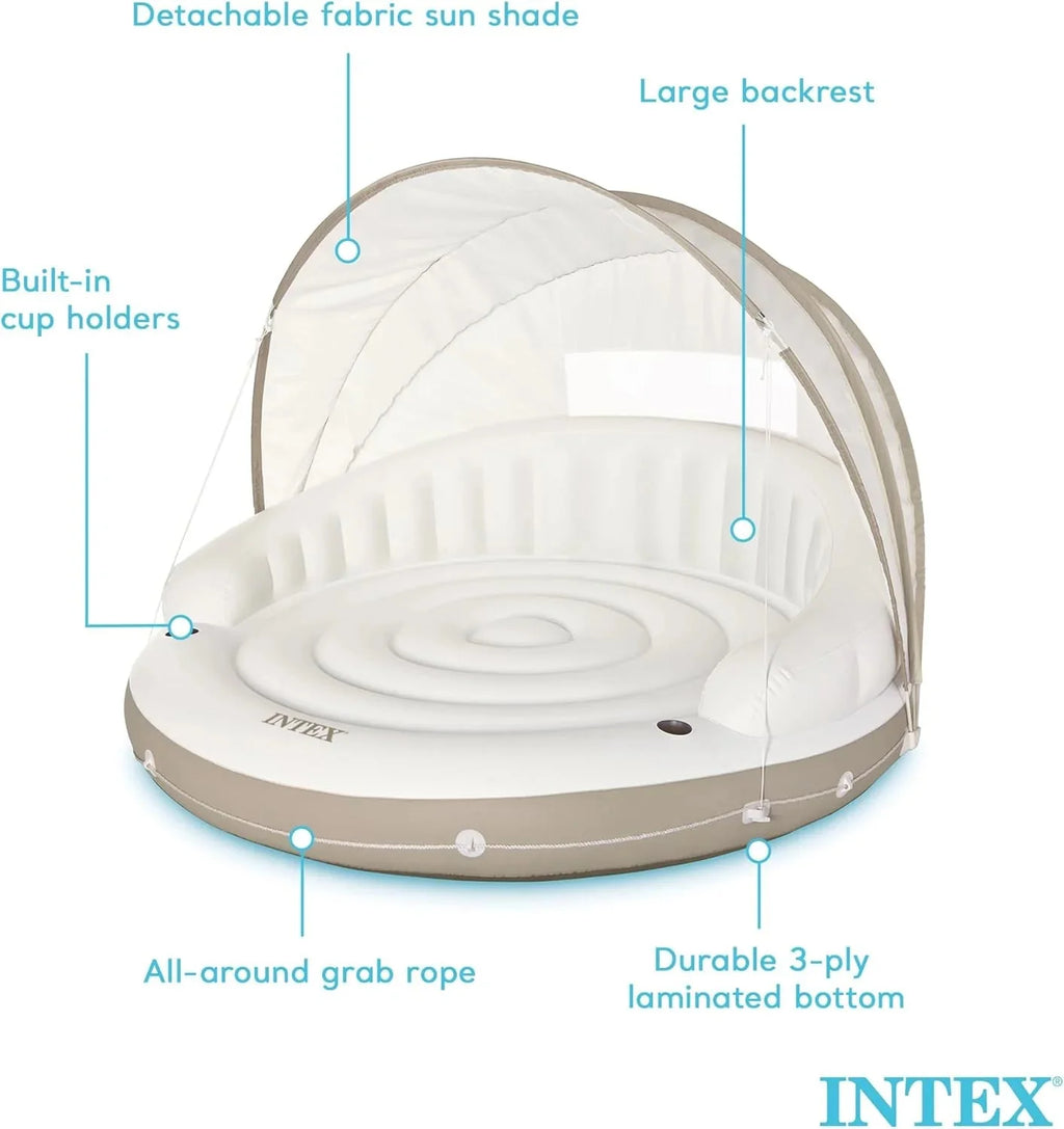 58292EP Canopy Island Inflatable Pool Float: Comfortable Lounge Surface – Built-in Cup Holders – Detachable Sunshade – 440lb Max Weight Capacity – 78.5 x 59