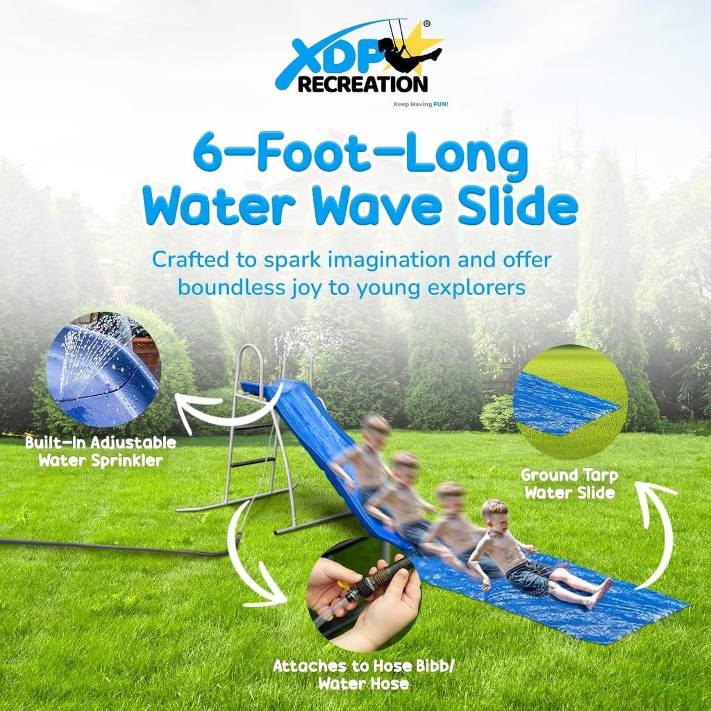 XDP Recreation 6 Foot Water Wave Slide with Built In Adjustable Sprinkler, Freestanding with Ground Pad and Hose Extension for Lawn Fun, Ages 3 to 8