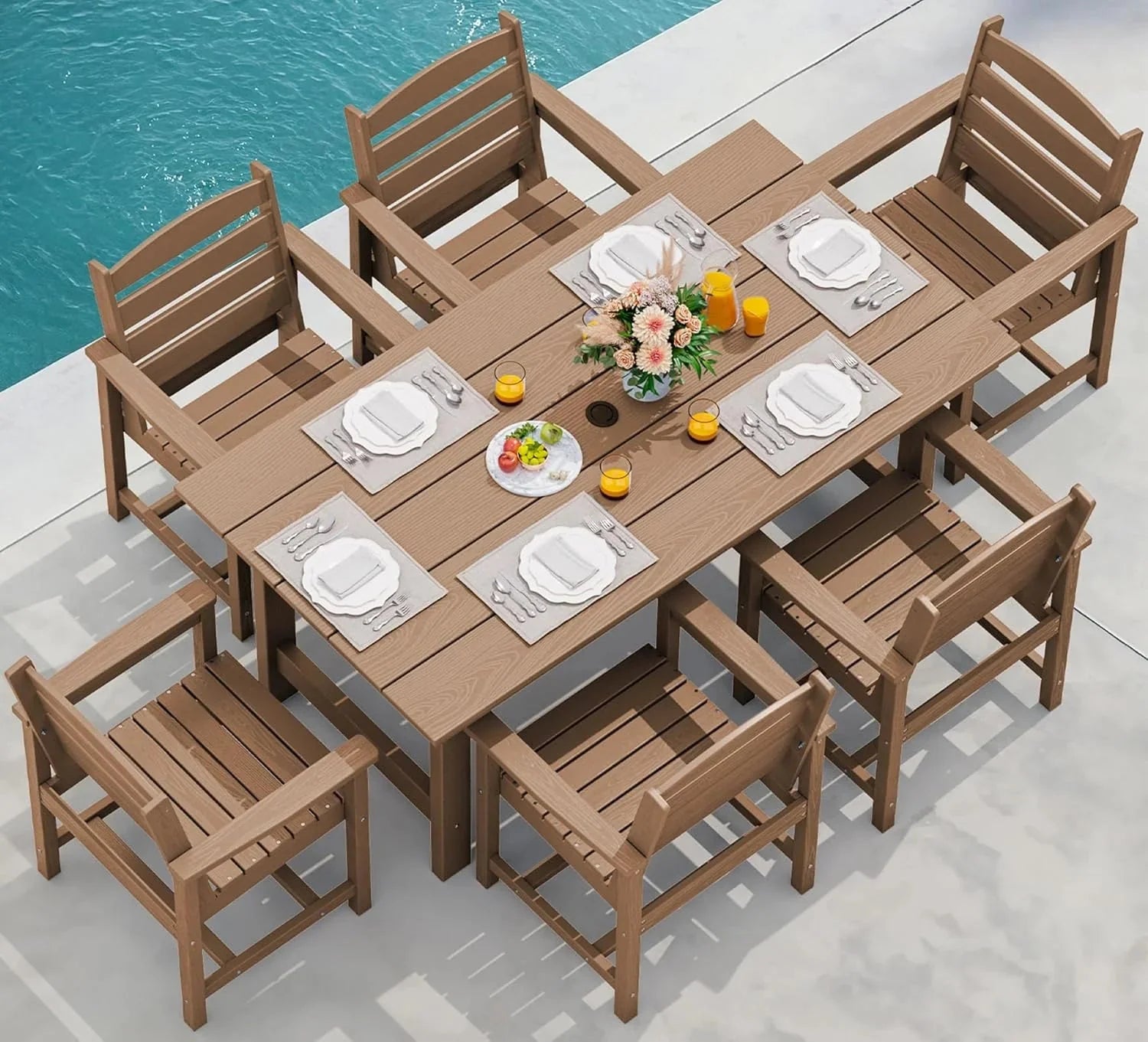 SERWALL 7-Piece Patio Table Set, Outdoor HDPE Dining Furniture with Umbrella Hole, All Weather Table and Chairs for Lawn, Garden, Poolside, Aruba