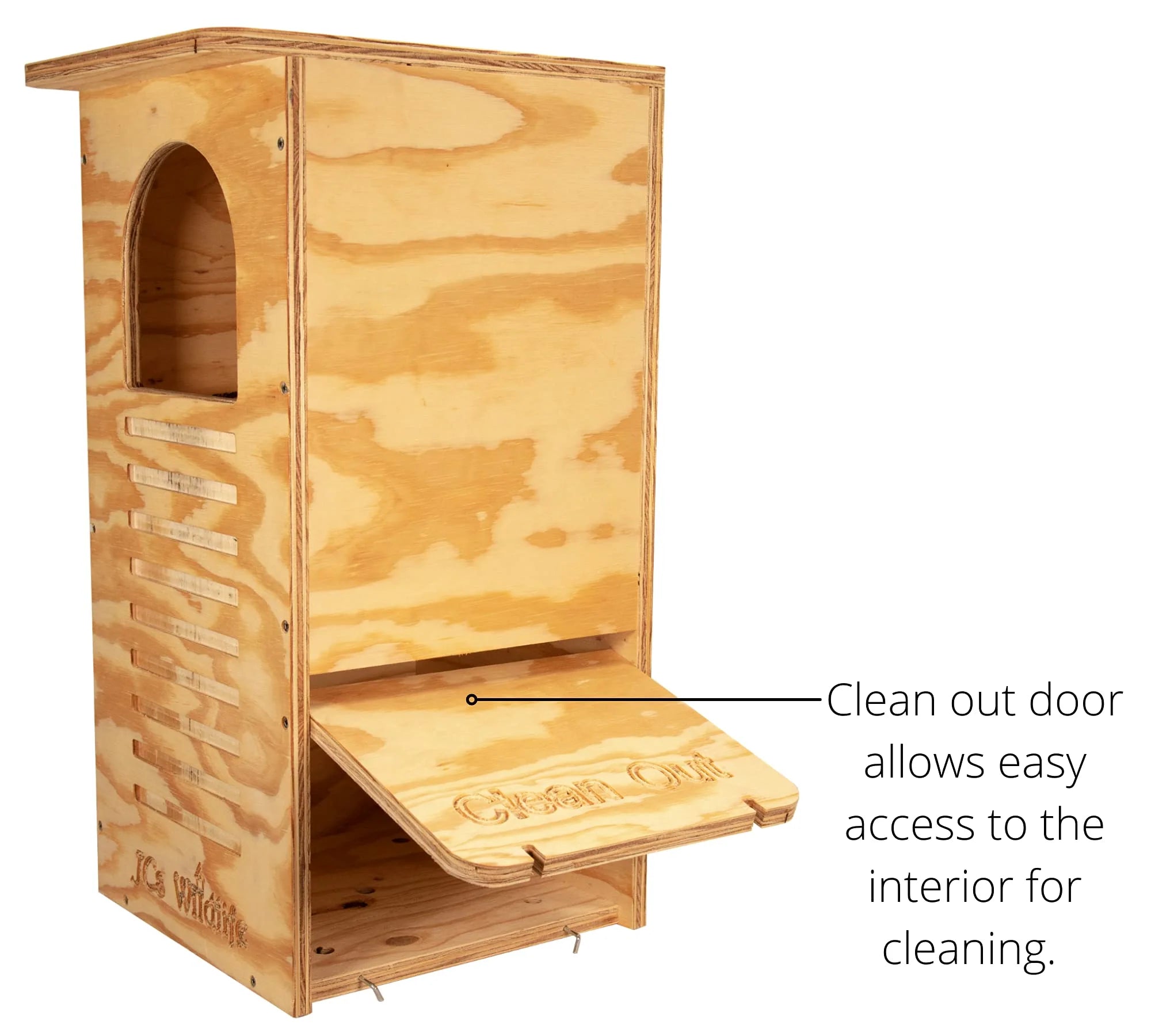 JCs Wildlife Barred Owl Nesting Box – Treated Exterior Grade Plywood – Mounting Hardware and Pine Shavings Included – Dedicated Clean Out Door for Easy Cleaning – Made in The USA