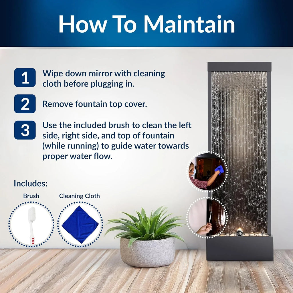 Alpine Mirror Waterfall Fountain with Stones & Lights, 72, Indoor/Outdoor Zen Decor