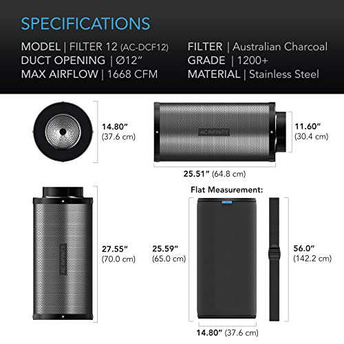 AC Infinity Air Carbon Filter 12 with Premium Australian Virgin Charcoal, for Inline Duct Fan