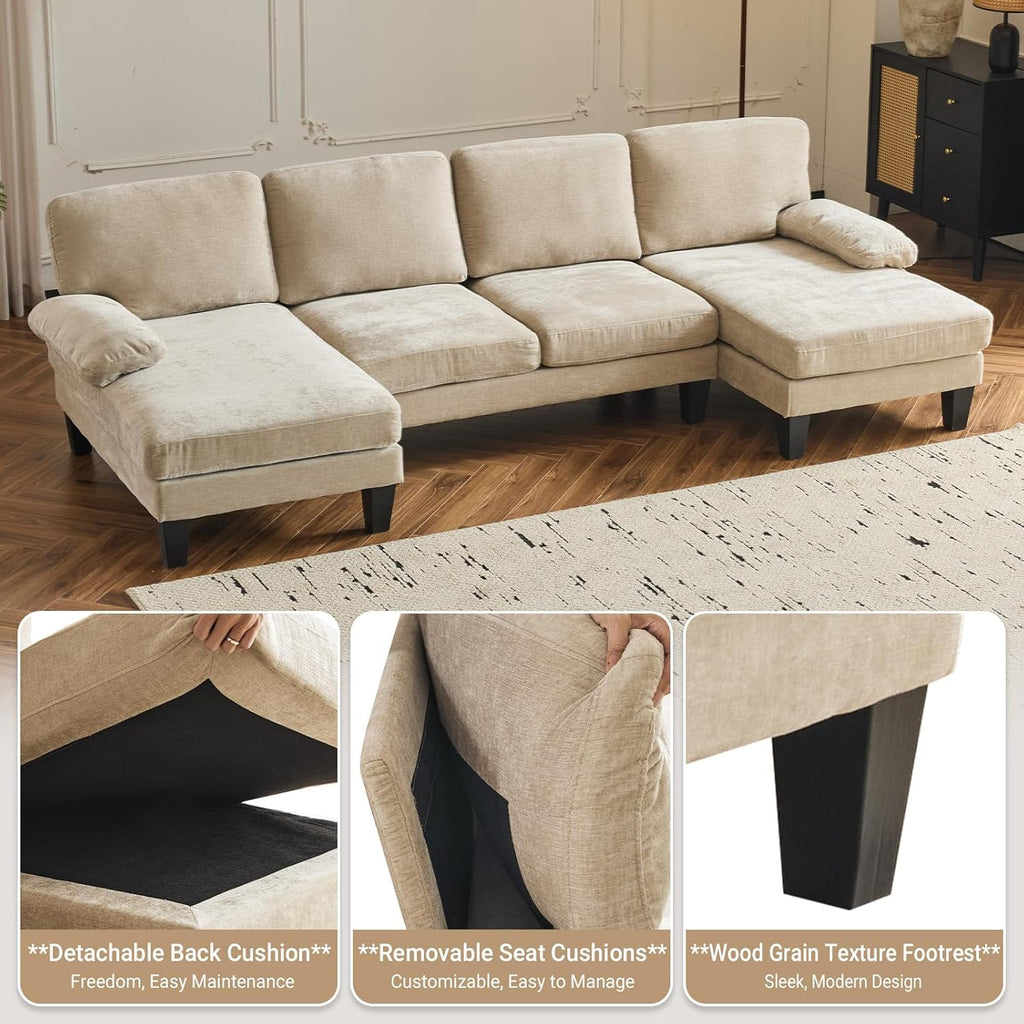 VINGLI 110 Sectional Couches for Living Room,U Shaped Couch with Double Chaise, 4-Seat Sofa Set with Chenille Fabric for Home Furniture,Beige