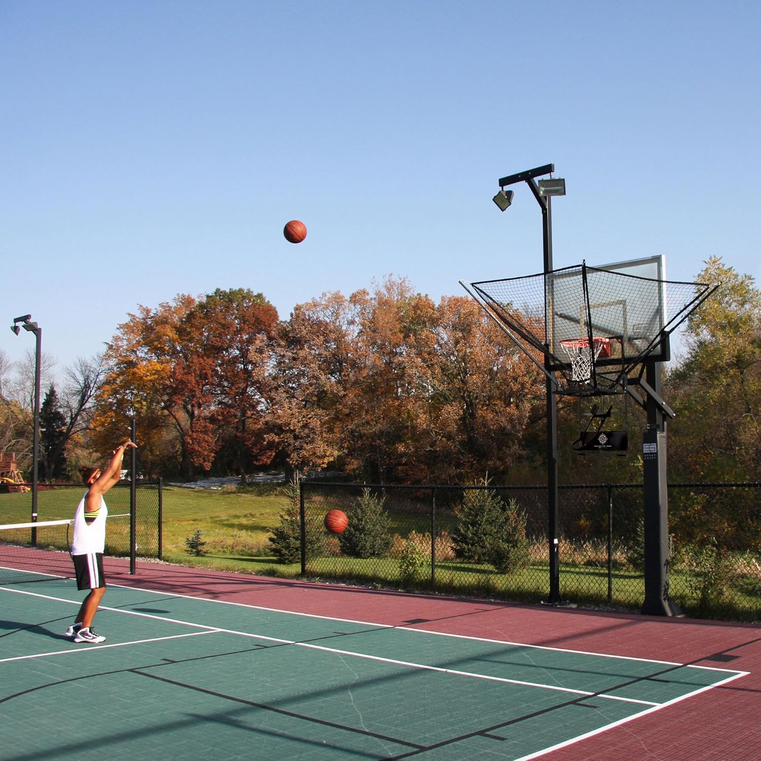 Rebounder Net Return System Portable Shot Trainer for Traditional Pole and Wall Mounted Hoops with Rotating Return Chute