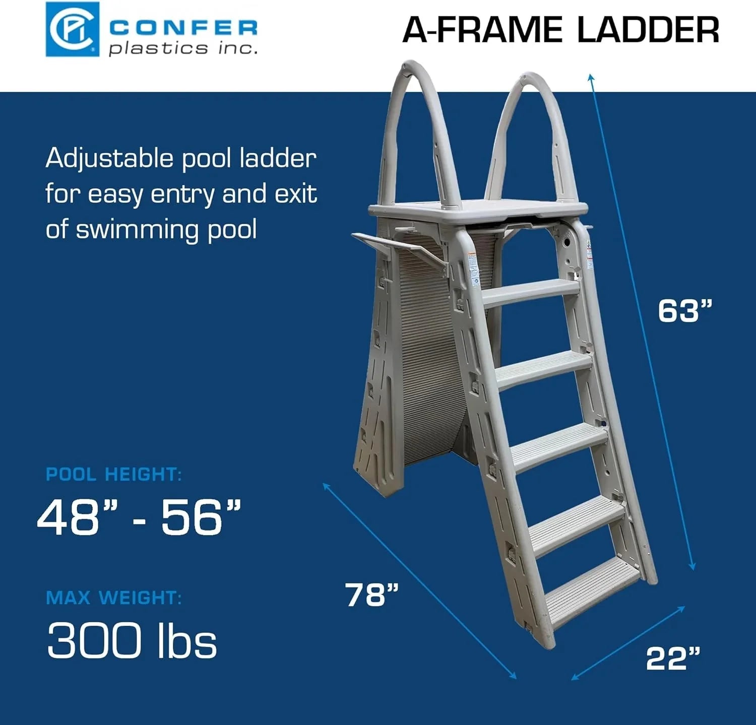 Confer Plastics 7200 Roll Guard 48 to 56 Adjustable A Frame Safety Ladder for Above Ground Outdoor Patio Swimming Pool Platform Ladder with Step Barrier, Warm Grey…