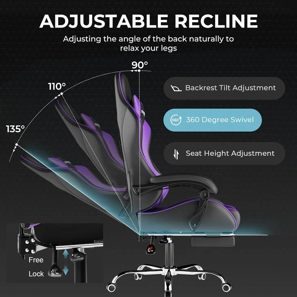 GTPLAYER Gaming Chair with Footrest and Lumbar Support – Ergonomic Computer Chair with Headrest, 360° Swivel, Height Adjustable, White