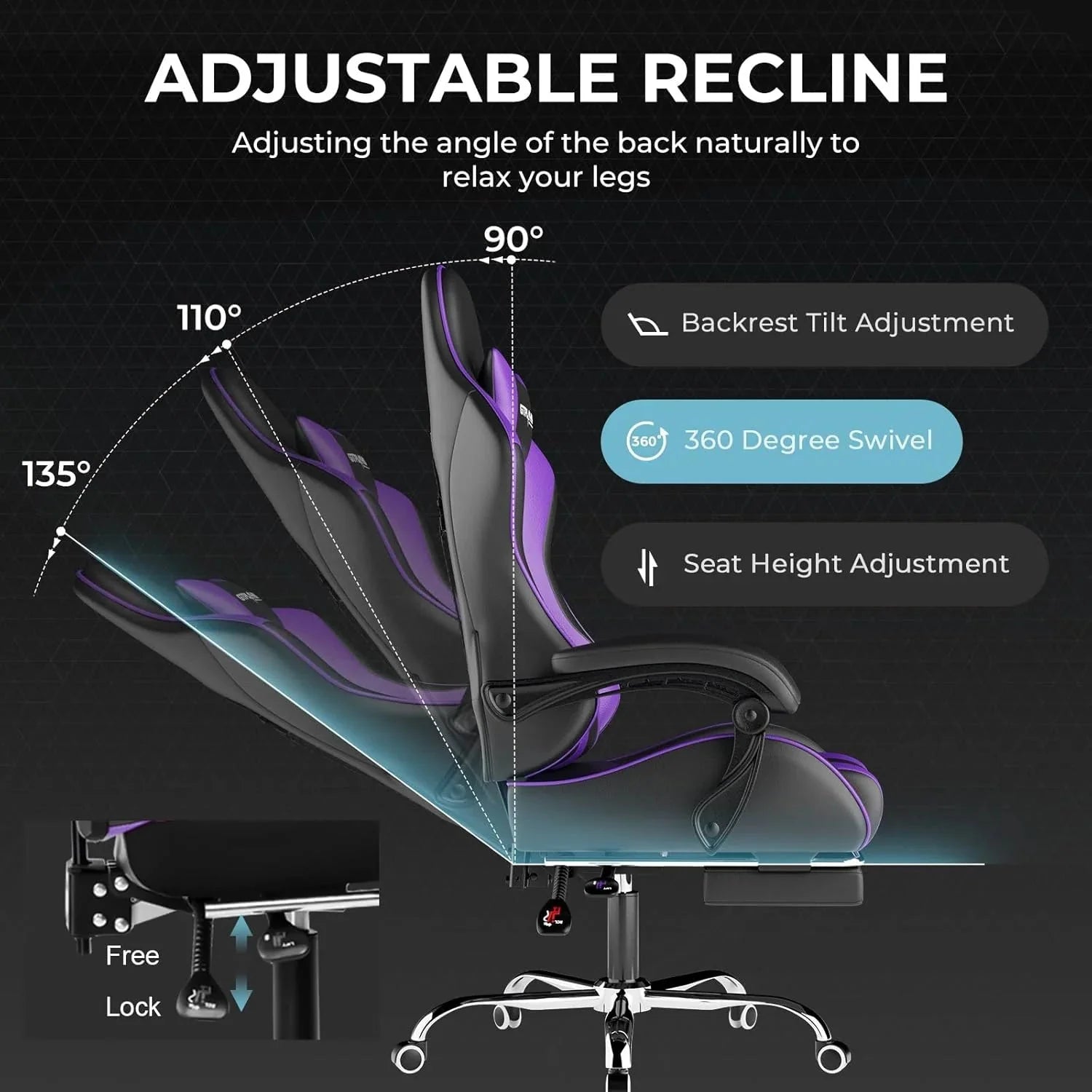 GTPLAYER Gaming Chair with Footrest and Lumbar Support – Ergonomic Computer Chair with Headrest, 360° Swivel, Height Adjustable, White