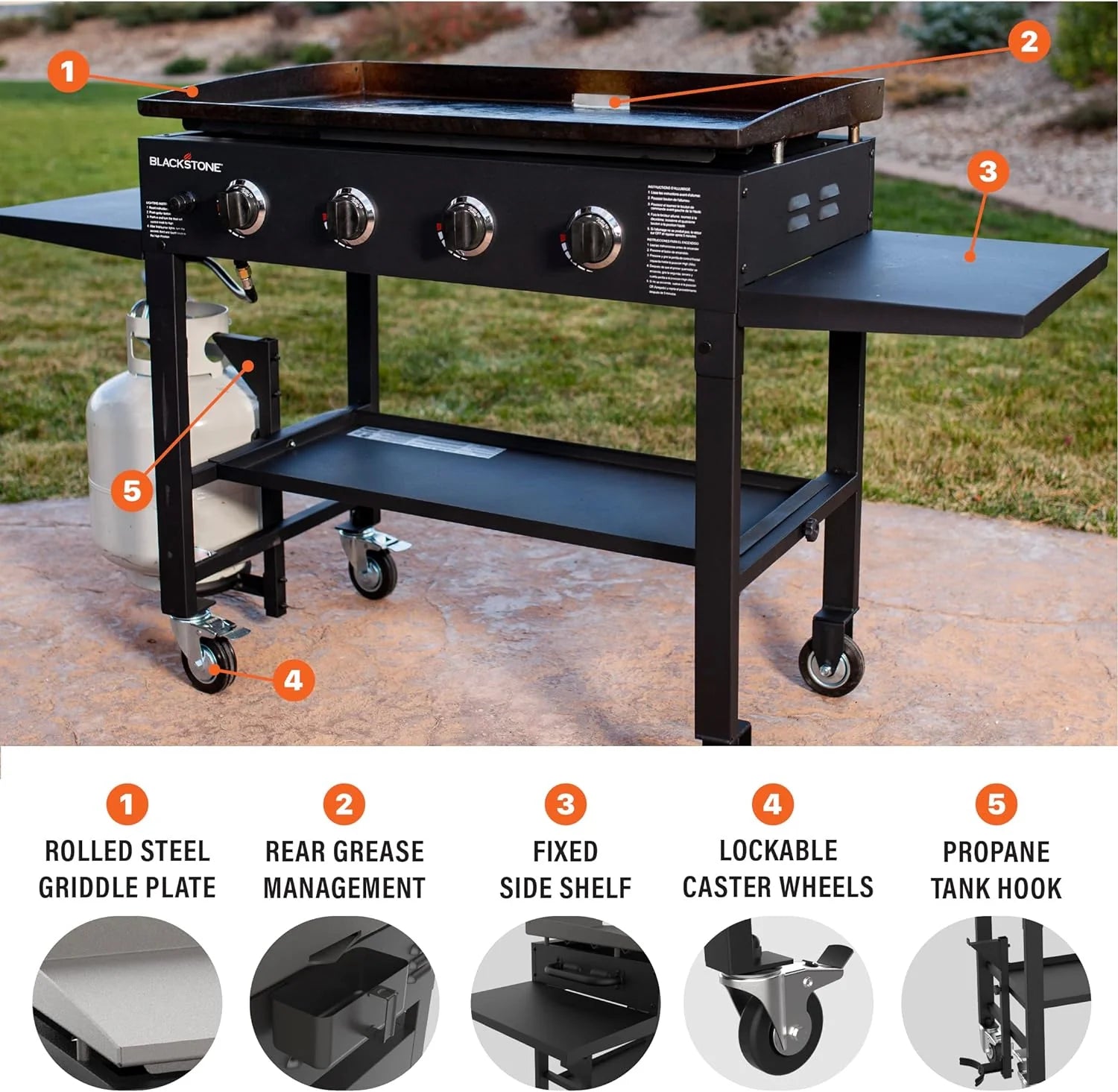 36 Gas Griddle Cooking Station 4 Burner Flat Top Gas Grill Propane Fueled Restaurant Grade Professional 36 Outdoor Griddle Station with Side Stands (1554)