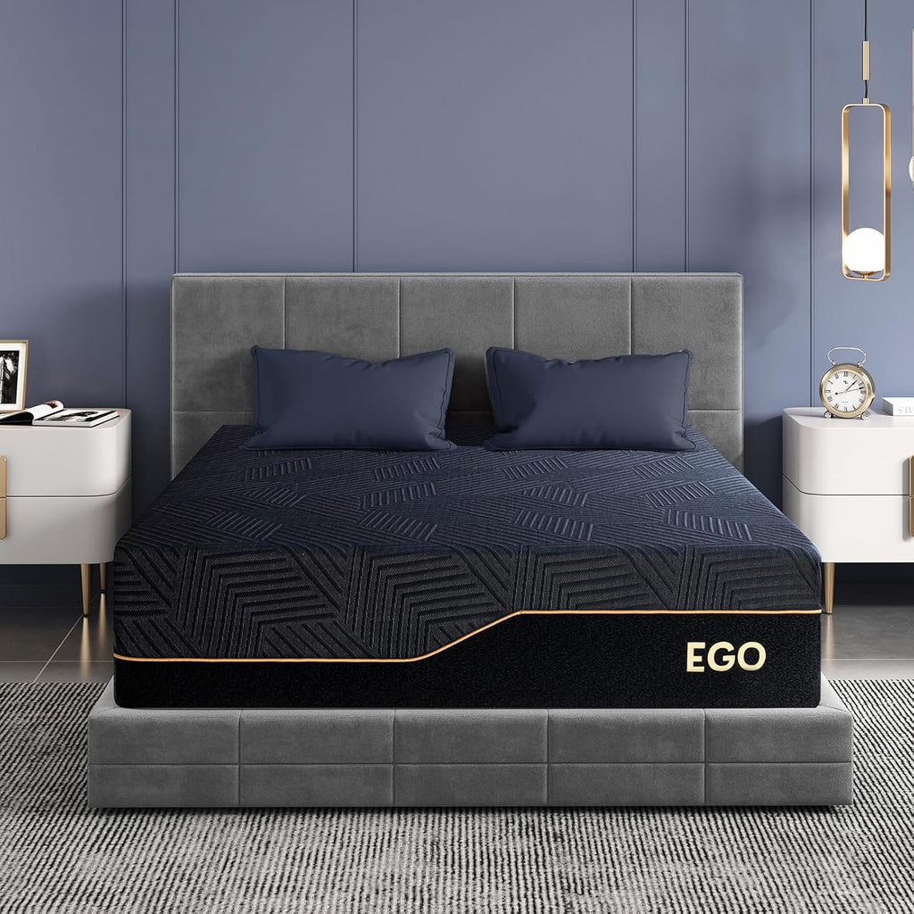 EGOHOME 14 Inch King Size Memory Foam Mattress for Back Pain, Cooling Gel Mattress Bed in a Box, Made in USA, CertiPUR-US Certified, Therapeutic Medium Mattress, 76x80x14 Black