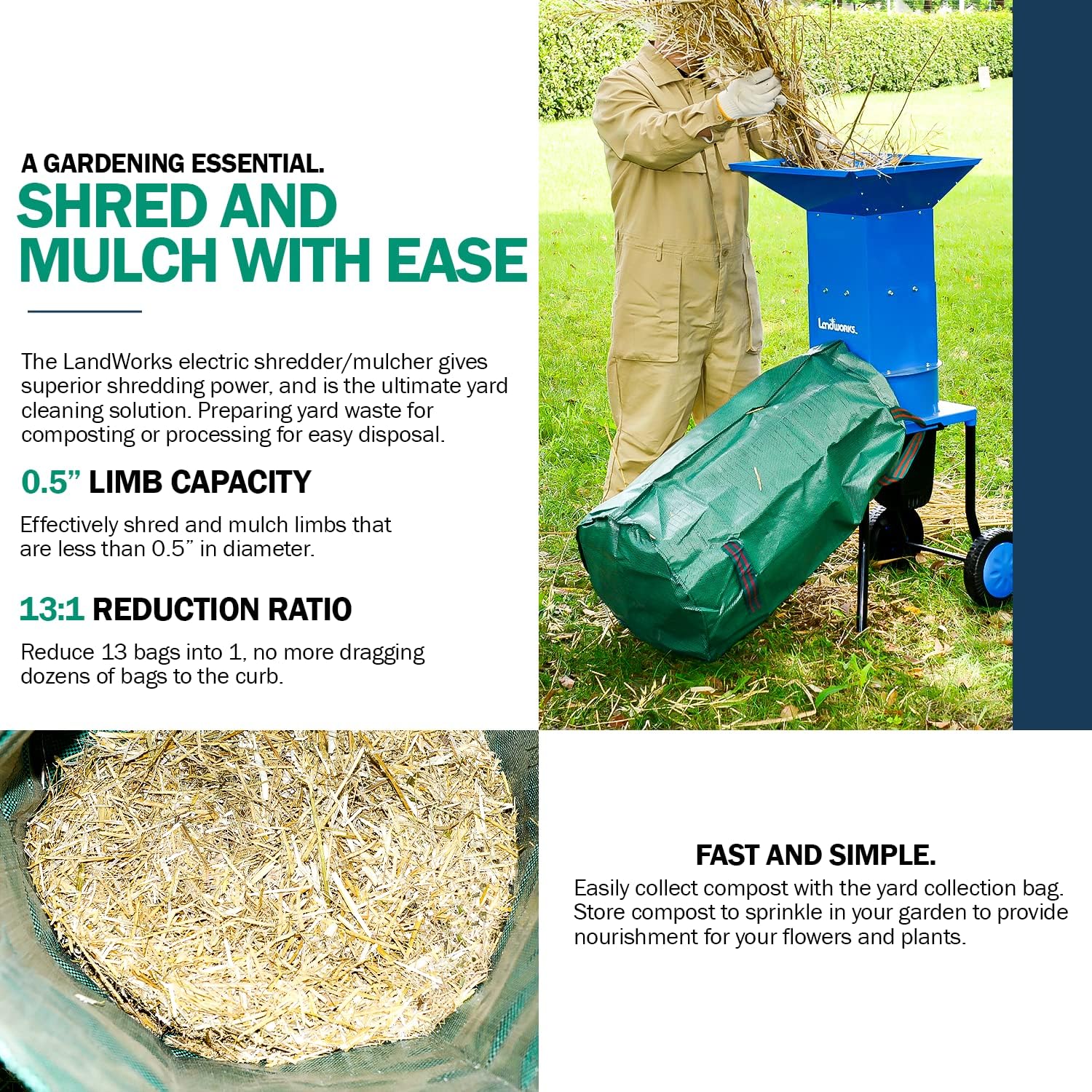 Landworks Leaf Mulcher Shredder Electric Green and Waste Management Heavy Duty 120V AC 11 Inch Cutting Blade .5 Inch Cutting Capacity for Leaves, Grass, & Clippings