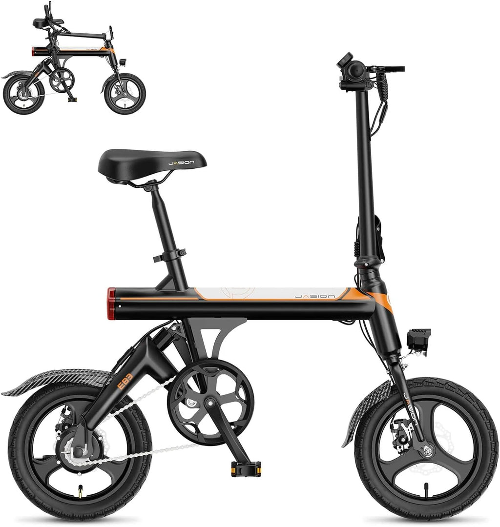 Jasion EB3 Electric Bike Adults 21mph, 500W Peak Motor, 270Wh Battery, Rear Suspension, 3 Levels Assist, 14′′ Folding Ebike for Adults and Teens, Complies to UL2849