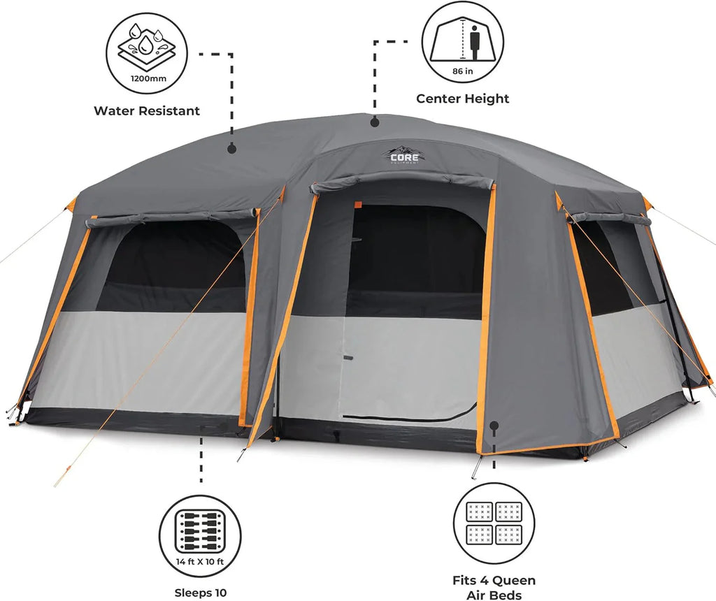 CORE Straight Wall Cabin Tents | 10 Person / 11 Person / 12 Person Large Multi Room Family Tents for Car Camping & Outdoor Adventures