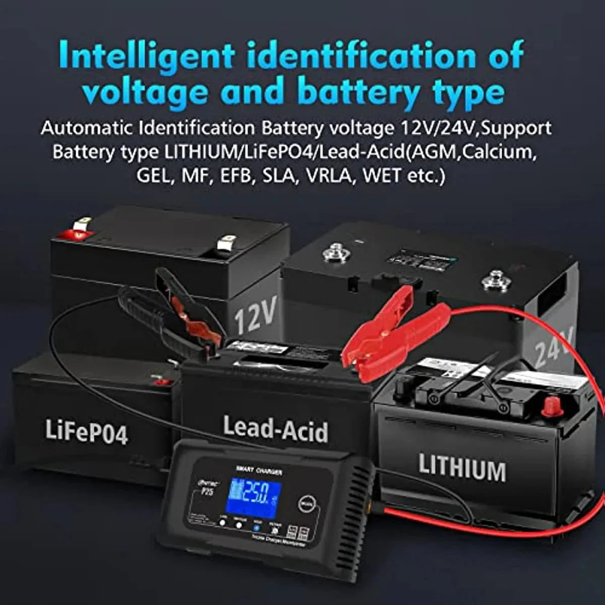 25-Amp Smart Battery Charger,Lithium,LiFePO4,Lead-Acid AGM/Gel/SLA.. Car Battery Charger,Trickle Charger, Maintainer/deep Cycle Charger,12V/25A and 24V/13A,for Motorcy,Boat,Lawn Mower,Golf cart..