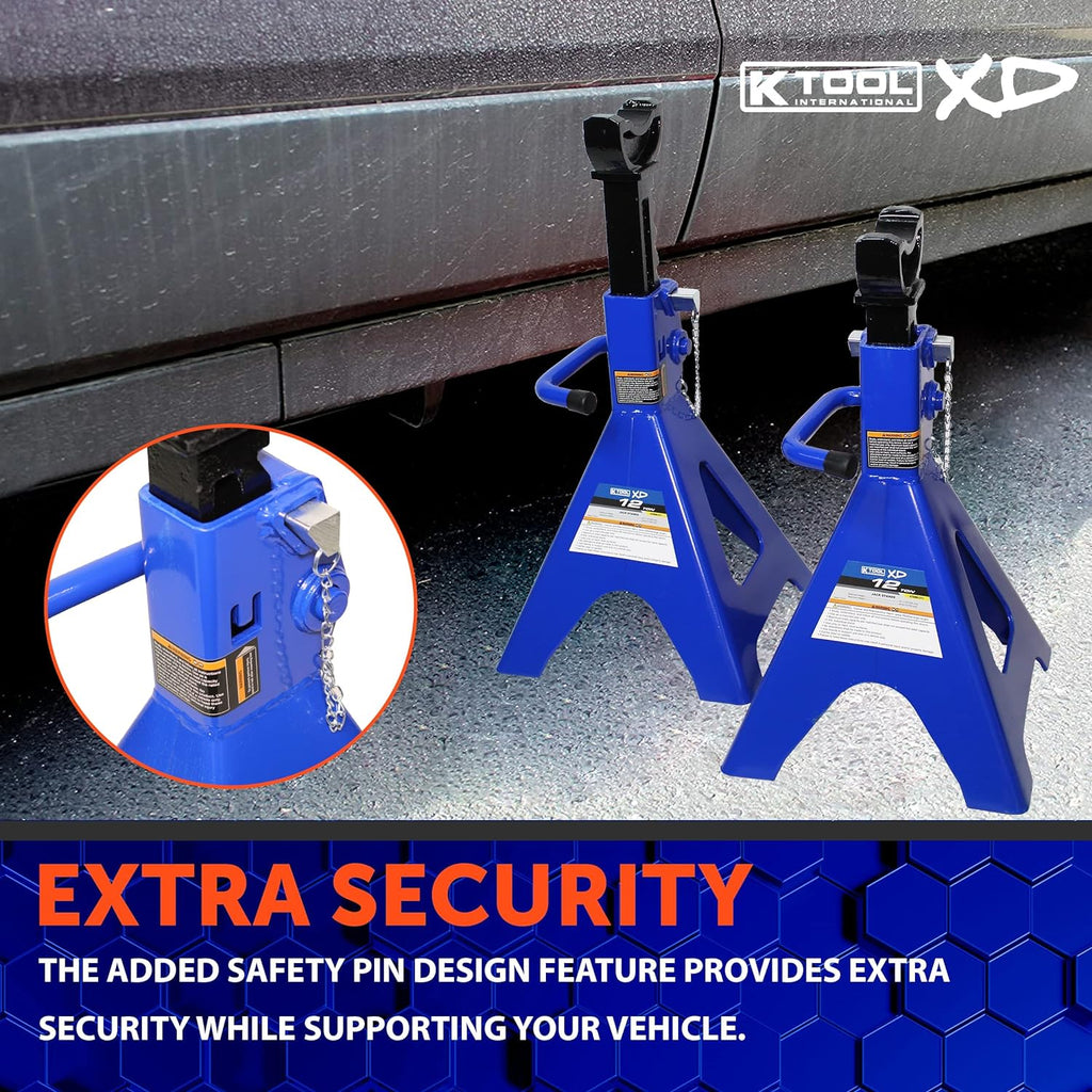 HD61222 22 Ton Automotive Jack Stands for Garages, Repair Shops, and DIY, Pin Style, V Shaped Saddle, Heavy Duty Steel Frame, Adjustable Height 11.825- 19.725, Black/Blue, Pair