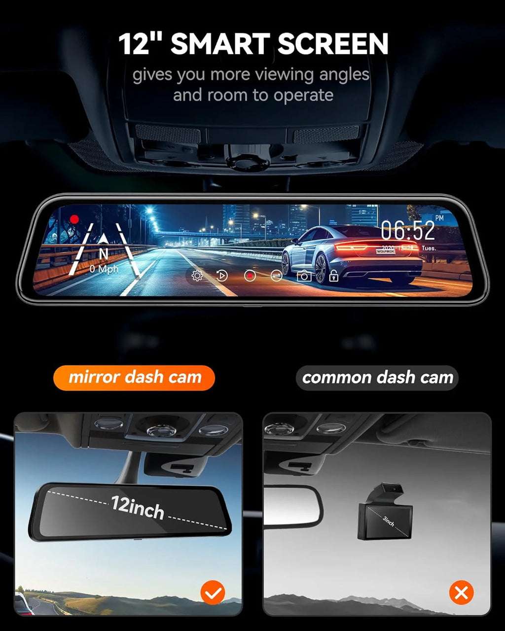 12 4K Mirror Dash Cam Backup Camera, 2160P Full HD Smart Rearview Mirror for Cars & Trucks, Front and Rear View Dual Cameras, Night Vision, Parking Assistance, Free 32GB Card & GPS
