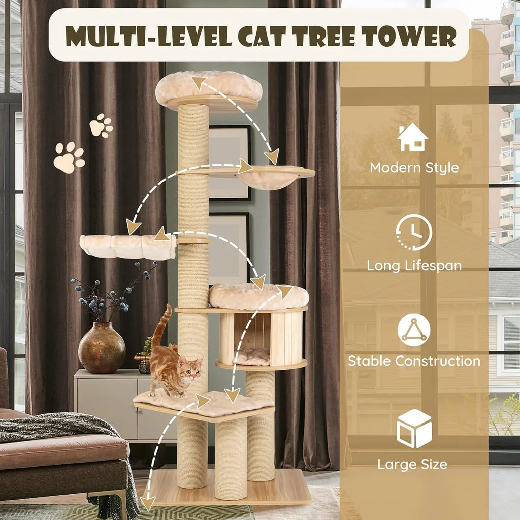 Large cat tree, multi-level tower with sisal posts, hammock, hanging basket and removable washable mats, perfect for large cats
