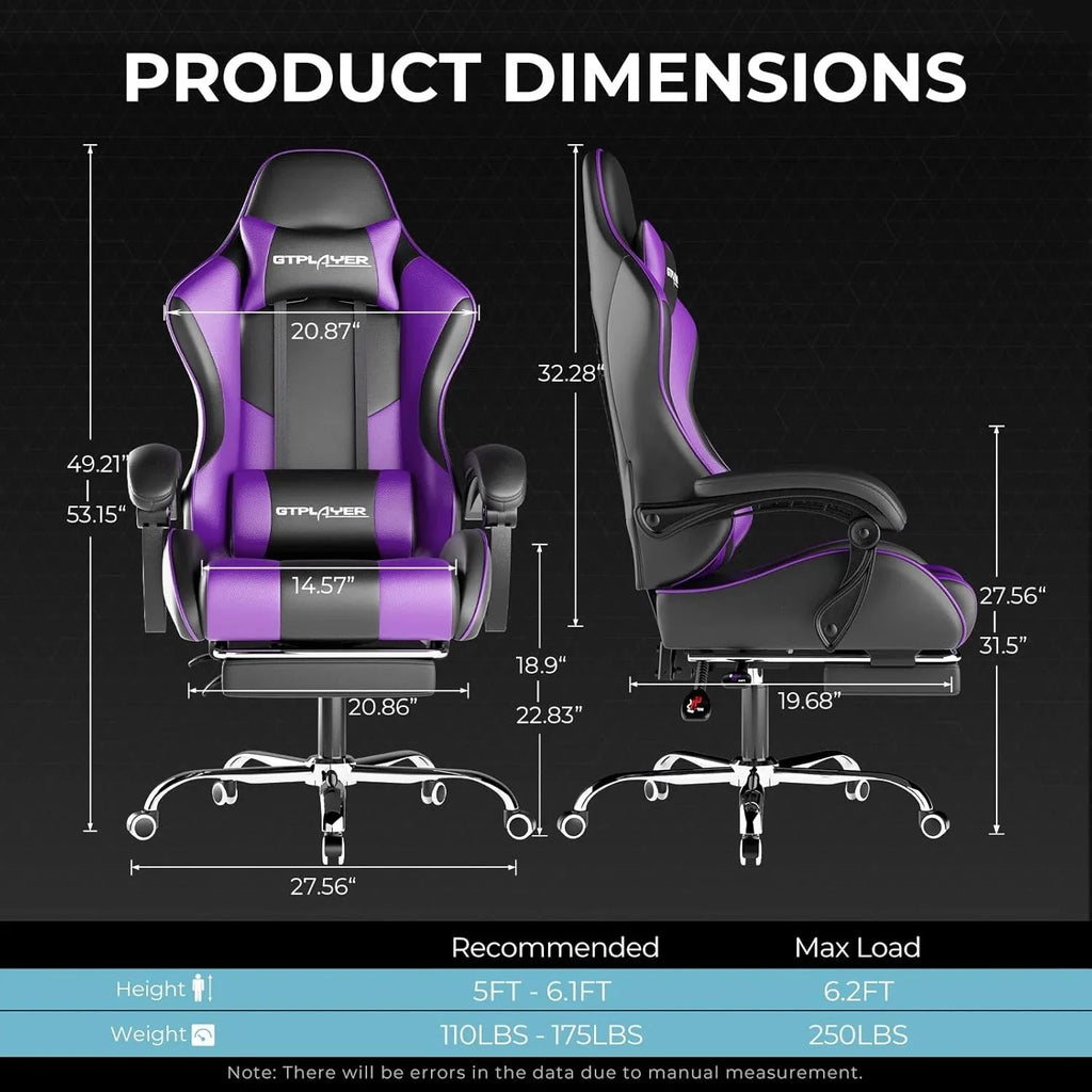 GTPLAYER Gaming Chair with Footrest and Lumbar Support – Ergonomic Computer Chair with Headrest, 360° Swivel, Height Adjustable, White
