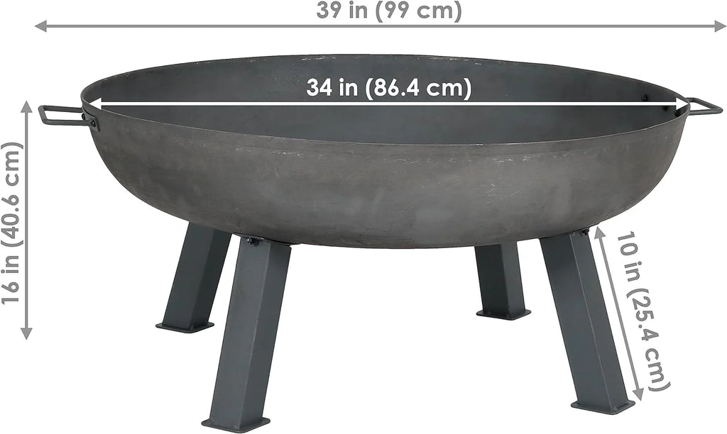 34-Inch Rustic Cast Iron Outdoor Raised Fire Pit Bowl with Handles - Oxidized Finish