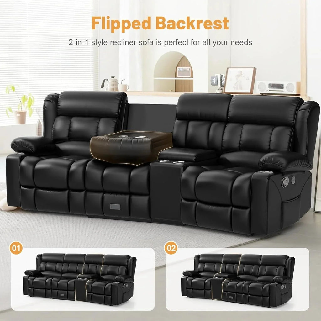 3 Seat Reclining Sofa with Storage Drawer USB Ports & Cup Holders Manual Couch
