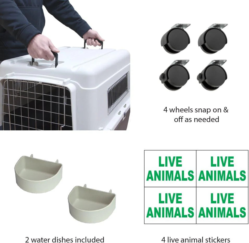 SportPet Designs Plastic Kennels Rolling Plastic Airline Approved Wire Door Travel Dog Crate, XXX-Large, Gray