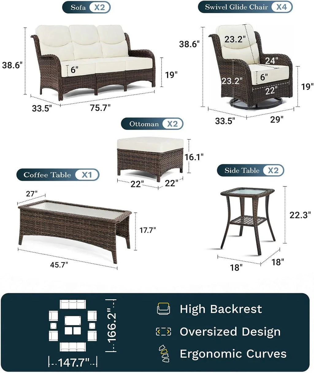 Outdoor Swivel Rocker Patio Chairs with 6-Inch Thick Cushions and Side Table, 3PCS High Back Wicker Patio Furniture Set for Porch, Balcony, Deck and Yard in Blue