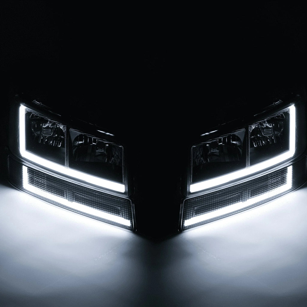 A set of 4 LED running light bars L+R black headlights + bumper signals for 2003-2014 Chevrolet Express 1500,2003-2023 Chevrolet Express 2500