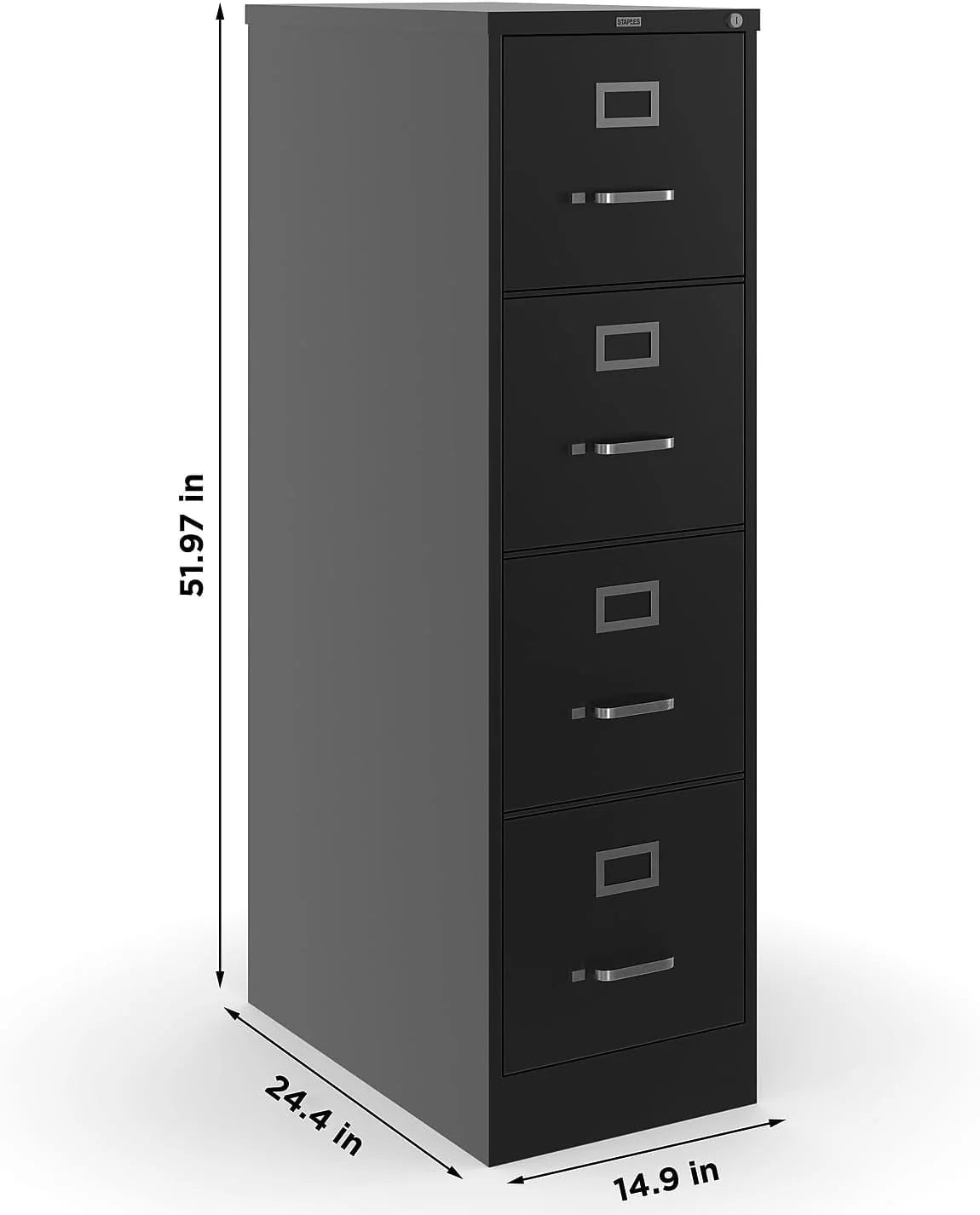 STAPLES 4-Drawer File Cabinet, Lockable, Black, 25D x 15W