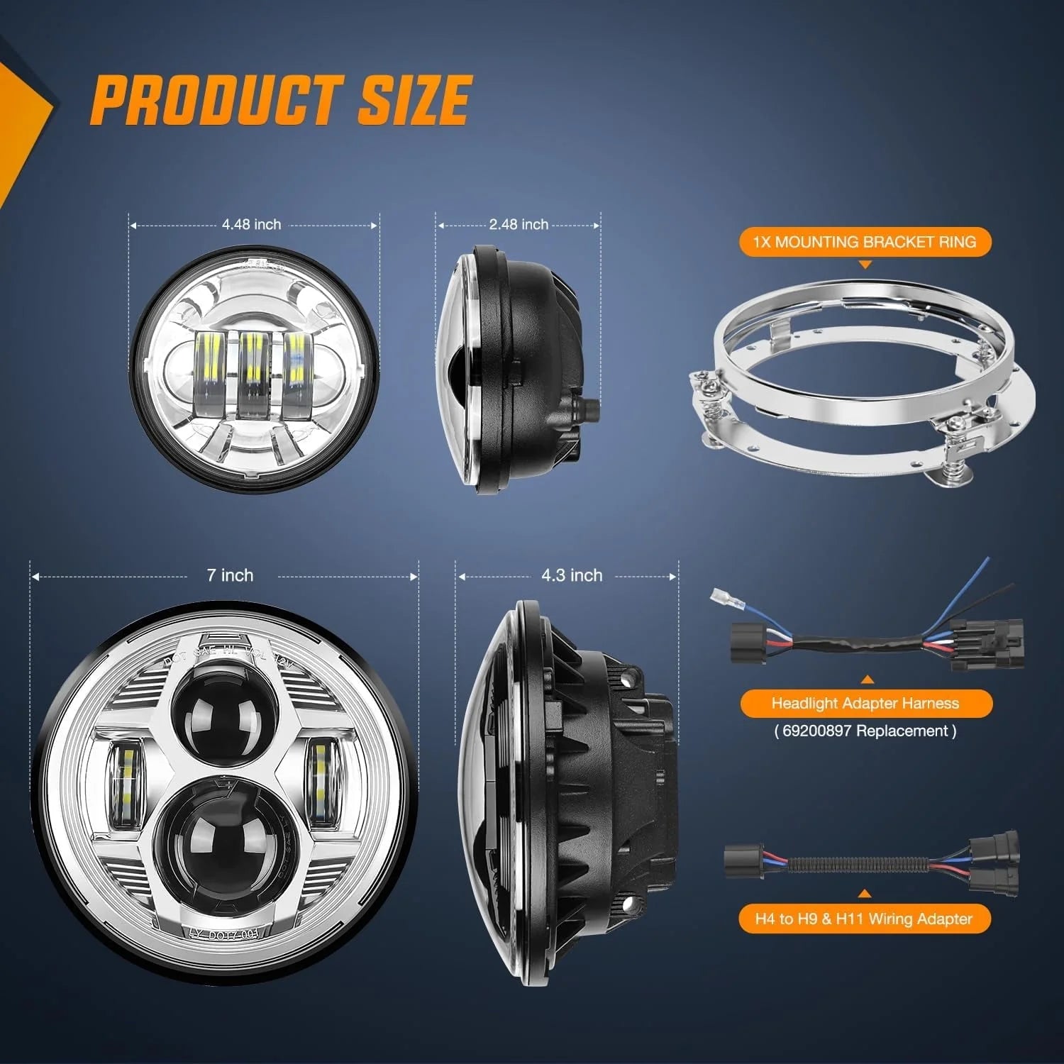 7 Motorcycle Led Headlights 4.5 Fog Light Assist DOT Kit Compatible with Harley-Davidson Elektra Street Glide Fat Boy Road King Heritage Softtail CVO,
