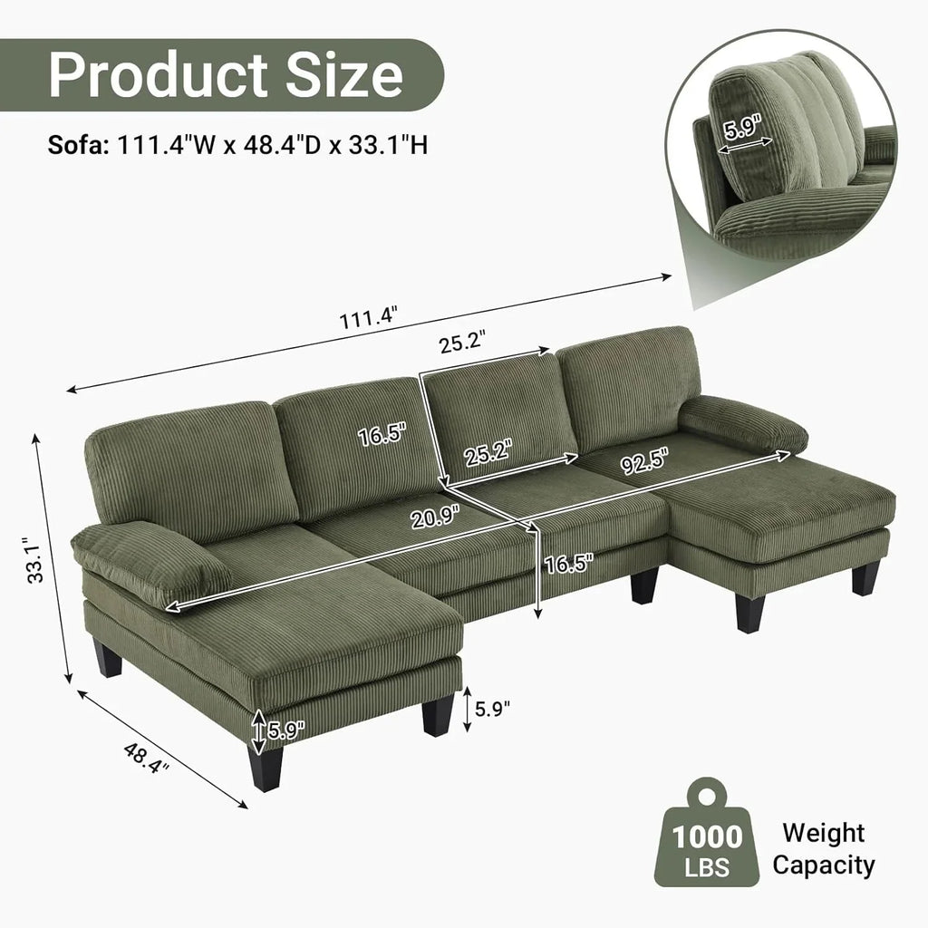 VINGLI 110 Sectional Couches for Living Room,U Shaped Couch with Double Chaise, 4-Seat Sofa Set with Chenille Fabric for Home Furniture,Beige