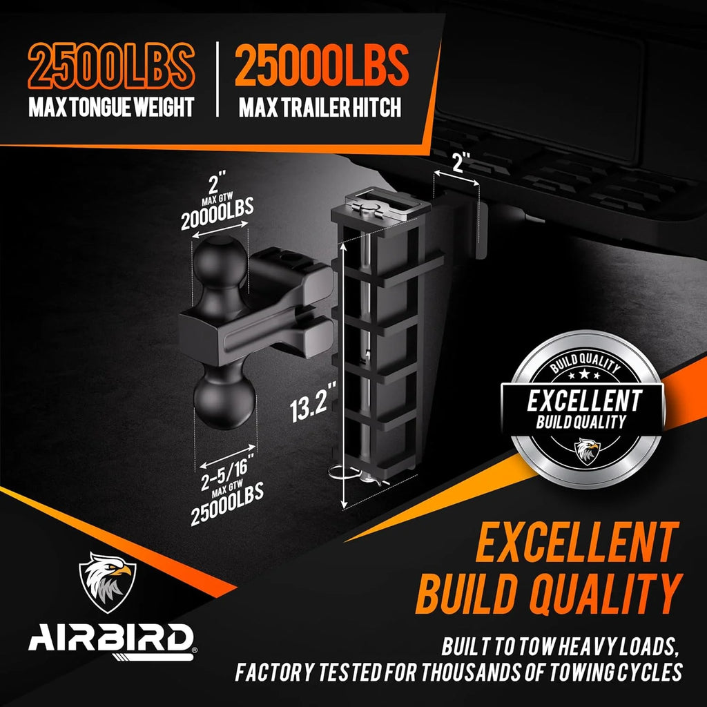 Adjustable Trailer Hitch Fits 2-Inch Receiver, Heavy Duty Tow Hitches (17000 LBS GTW) 6 Inch Drop Truck Hitch Tri-Ball Mount with Hook (1-7/8 x 2 x 2-5/16)