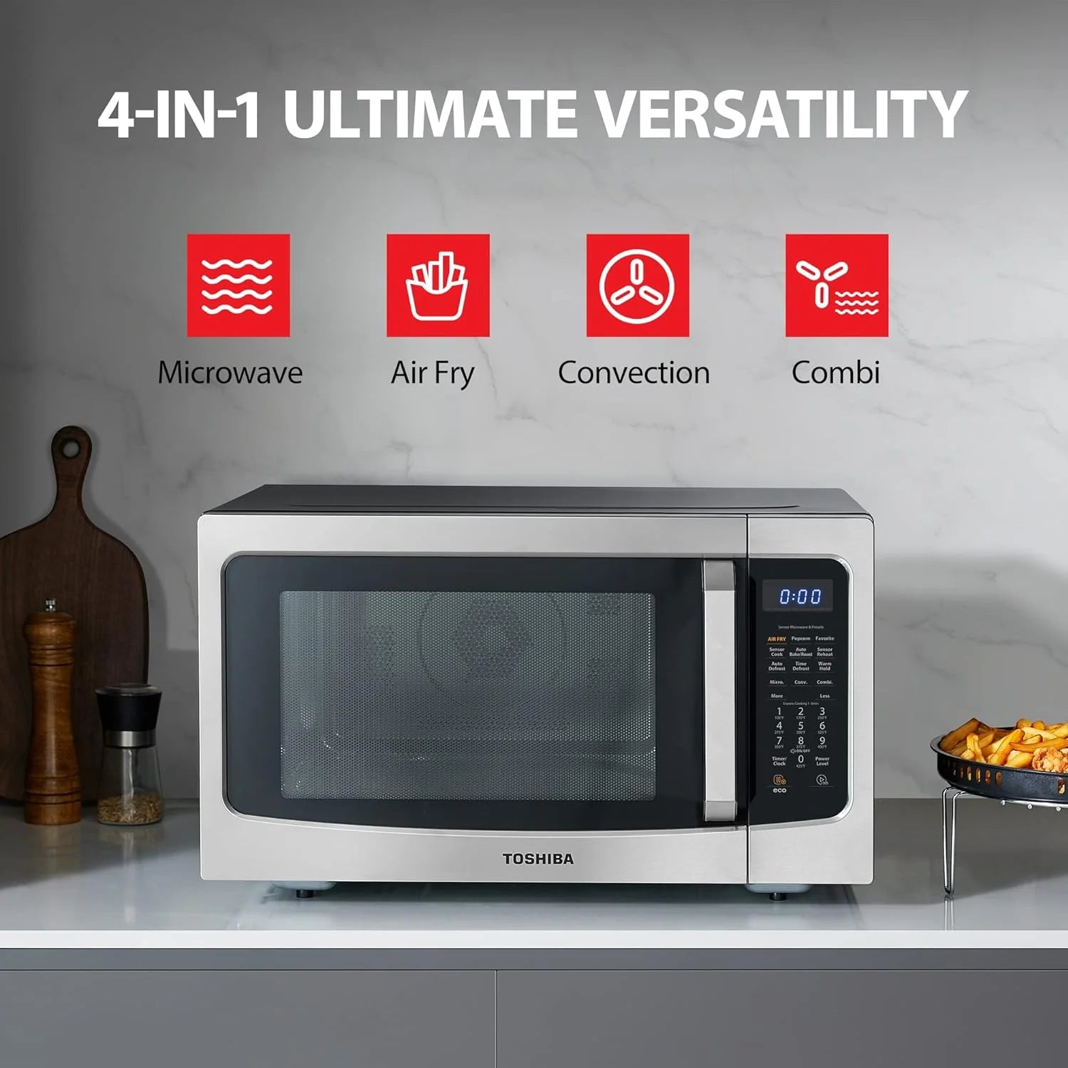 TOSHIBA 4-in-1 ML-EC42P(SS) Countertop Microwave Oven, Smart Sensor, Convection, Air Fryer Combo, Mute Function, Position Memory 13.6 Turntable, 1.5 Cu Ft, 1000W, Silver