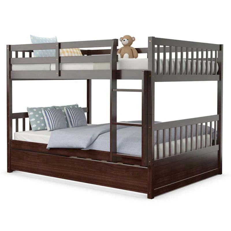 Solid Wood Full Over Full Bunk Bed Frame With Trundle Safety Ladder Amp Guardrails Convertible Bunk Bed For Kids Teens