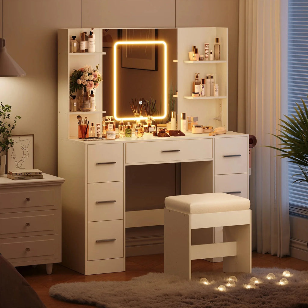 Garvee 43.3'' Vanity Desk Stool Set, Modern Makeup Table with Lighted Mirror, Power Outlet, 7 Drawers, 4 Open Shelves, White