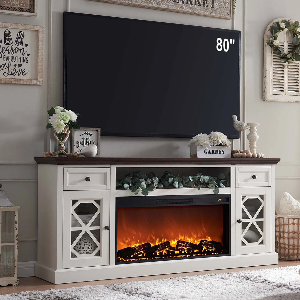 SinCiDo Farmhouse Fireplace TV Stand with 36 Electric Fireplace for 80 Inch TVs, 31 Tall Entertainment Center w/Drawer & Diamond Panel Door, Highboy Media Console for Living Room, 70inch, White
